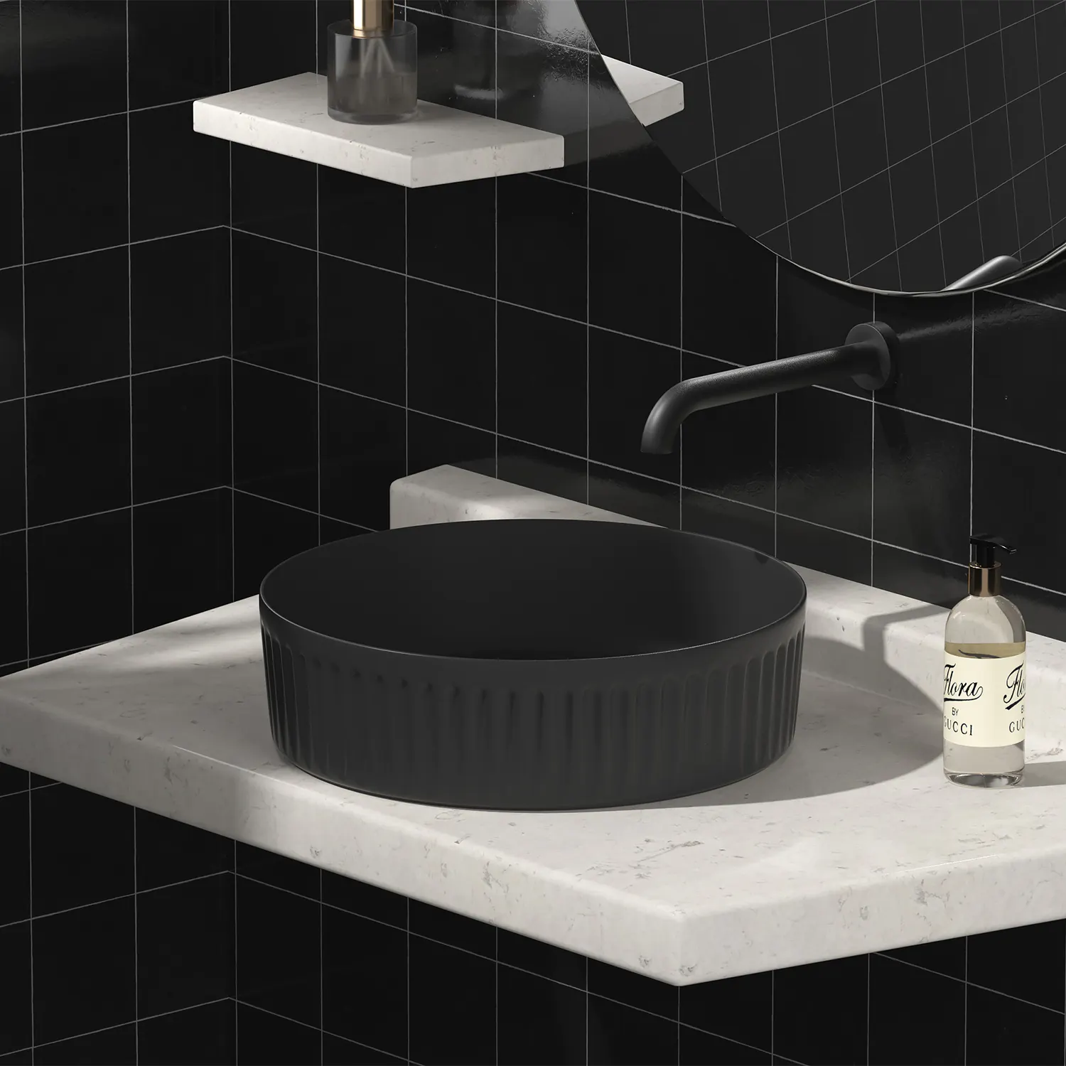 Simple but unique 15 inches matte black porcelain round above washbasin for bathroom, 40 cm ceramic vessel sink